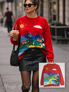 Cottagecore Storybook Farm Scene Novelty Sweater Whimsical Vintage